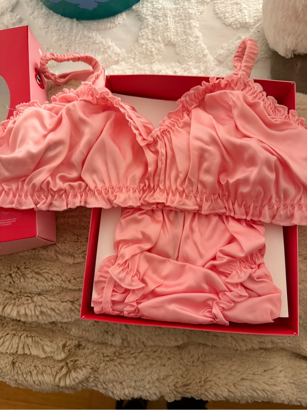 PINK Victoria's Secret Coral Pink Ruffle Bralette & Brief Set